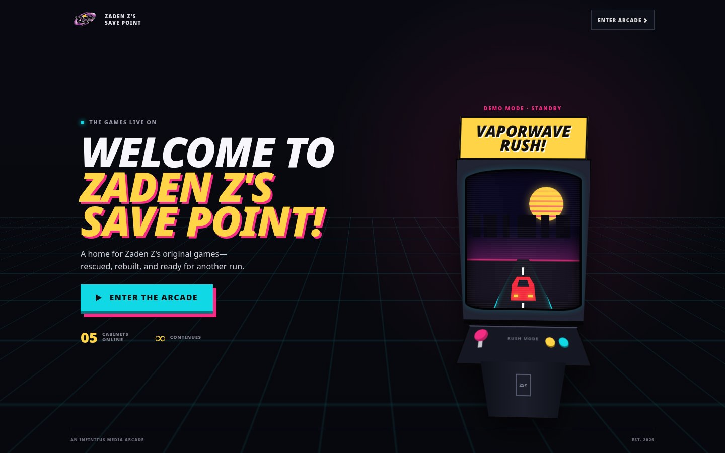 Zaden Z's Save Point arcade with a neon Vaporwave Rush cabinet